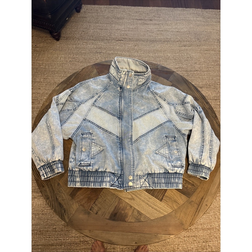 Forever 21 Denim Bomber Jacket Full Zip Hickory Stripe Acid Wash Large